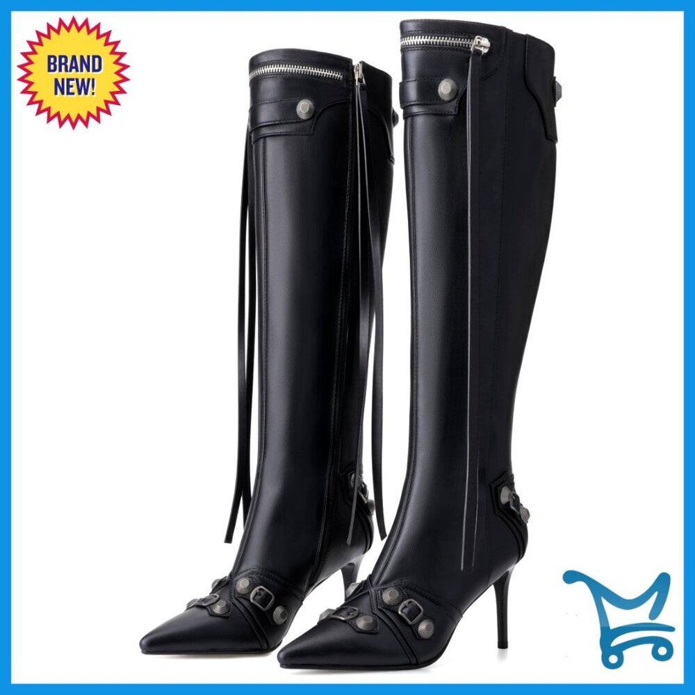 Knee High Stiletto Boots, Pointed Toe, Faux Leather, Zipper Closure
